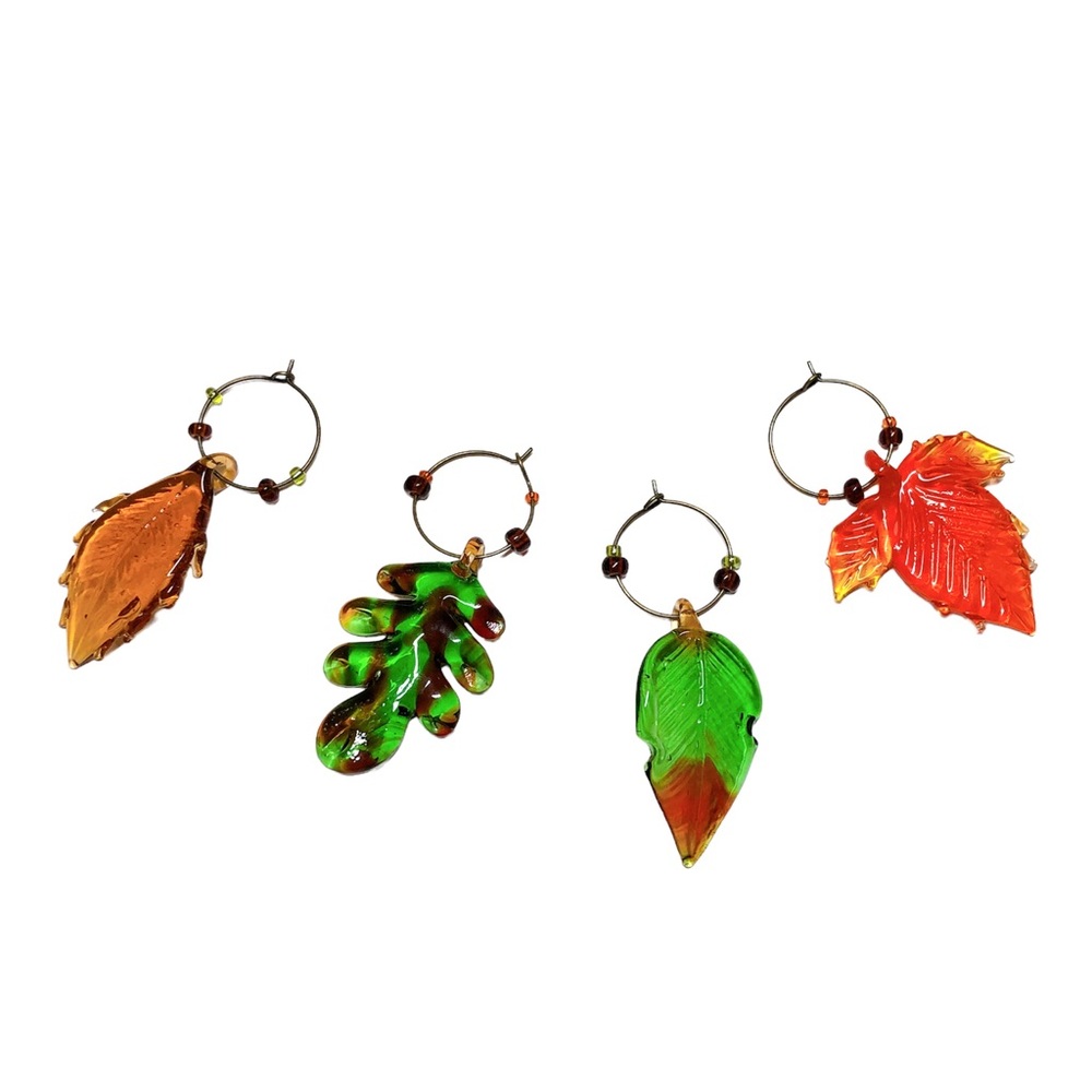 Autumn Leaves Art Glass Wine Markers Charms Set of 4
